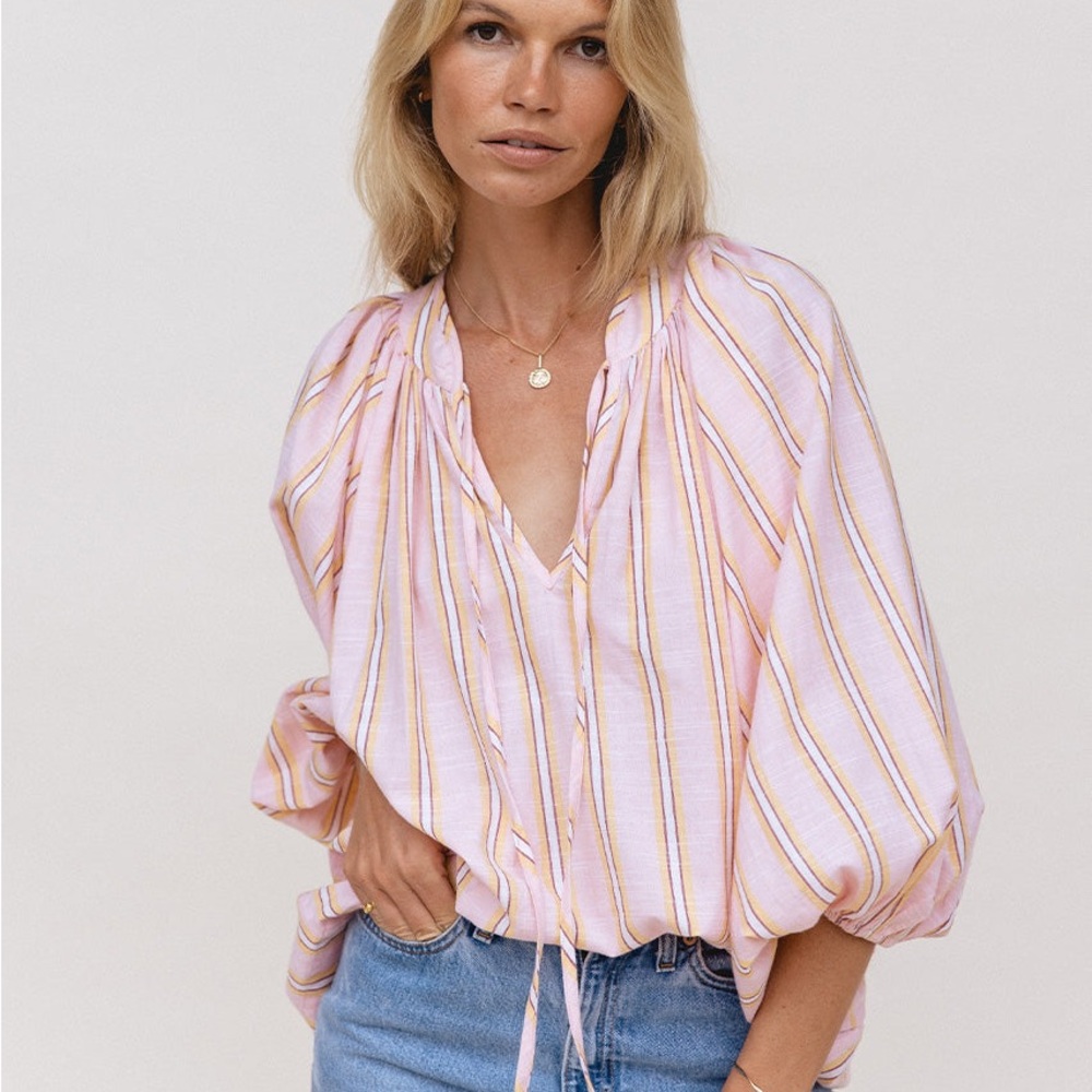 Daughters of India “Poet” Pink and Yellow 3/4 Sleeve Relaxed Tie Front Top